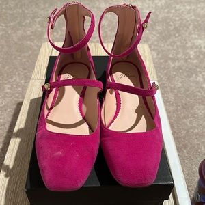 Jcrew Barbie Pink sally ballet with straps in suede, criso Begonia color